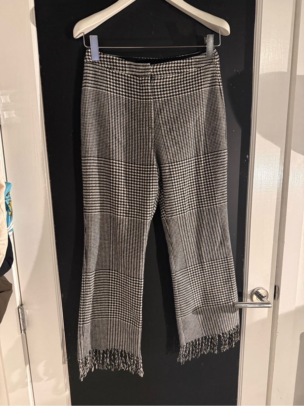 Topshop Black and White Houndstooth Fringe Hem Pants
